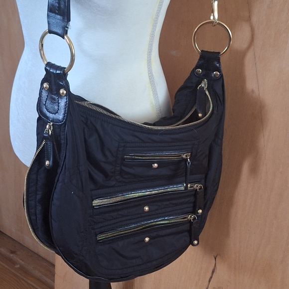 TOD’s Pashmy Luna Designer Black Nylon & Patient Leather Multi Zippers Handbag - Picture 3 of 15